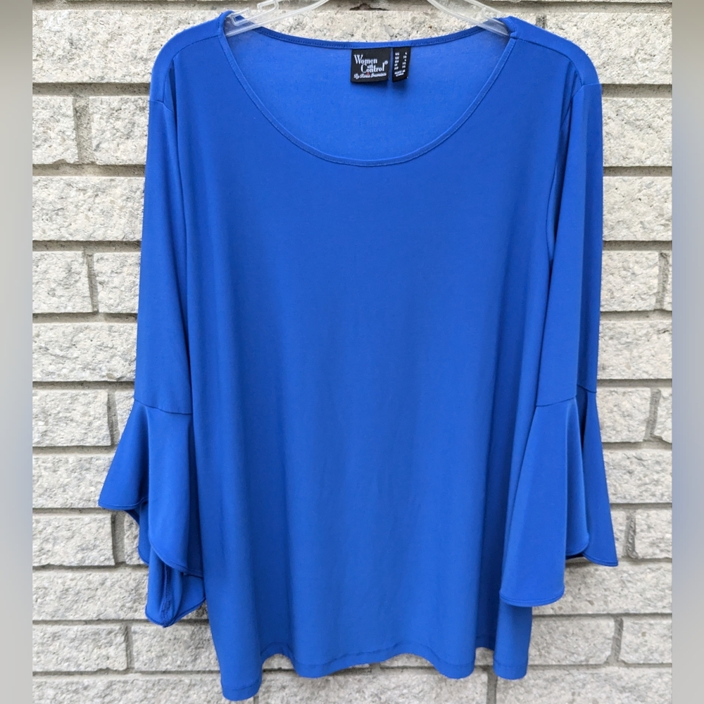 Business Wear Women with Control Blue Flounce Bell Sleeve Top Size Large EUC